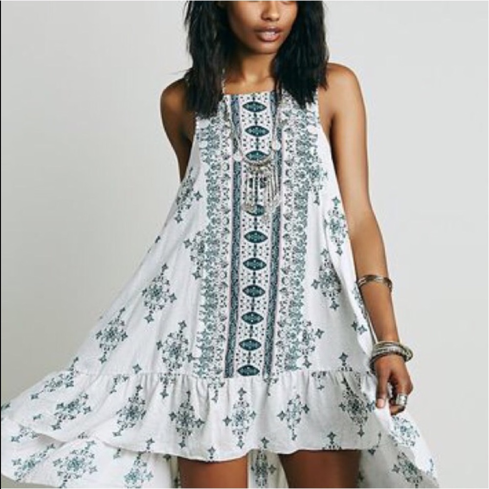 Free People White Dress with Teal Folk Print High-Low Hem